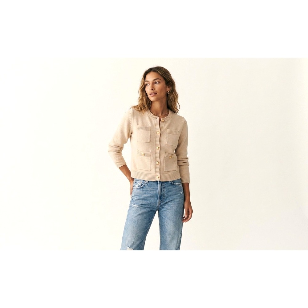 Zara Womens Beige Cotton Knit Cardigan Small Gold Structural Buttons Pockets